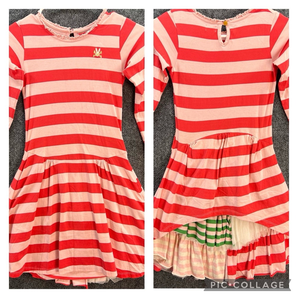 No Added Sugar Crocodile Tiers Pink Red Stripe Bustle Dress 9/10 Yrs Holiday